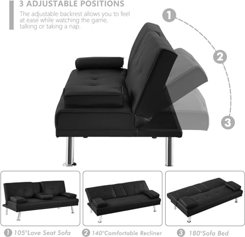 Convertible Folding Futon Sofa Bed Sleeper Couch for Living Room, Modern Faux Leather Upholstered Loveseat w/Removable Armrests, Metal Legs, 2 CupHolders, Love Seat Sofa Bed for Small Spaces (Black) anwickjeff