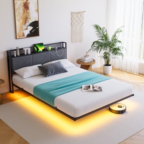 HOMERECOMMEND Full Size Bed Frame with LED Lights and Headboard Storage and Charging Station,Full Floating Bed Frame with Heavy Duty Metal Slats,Easy Assembly, Black and Gray HOMERECOMMEND