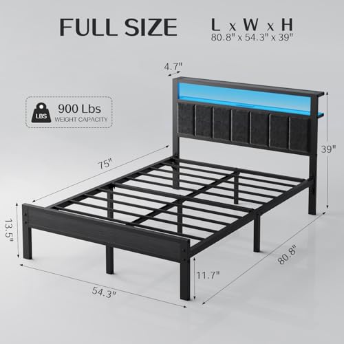 OLEVS Full Size Bed Frame with LED Lights & Charging Station, Modern Platform Bed with Upholstered Storage Headboard, No Box Spring Needed Easy Assembly OLEVS