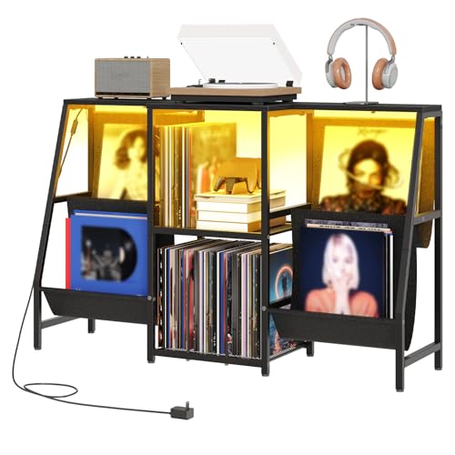 HOOBRO Record Player Stand Table with LED Light, Vinyl Record Storage for 280 Albums, Media Shelf Cabinet, Wooden Stereo Cabinet, Media Stand Console, Livingroom, Bedroom, Black BB114DCJ01 HOOBRO