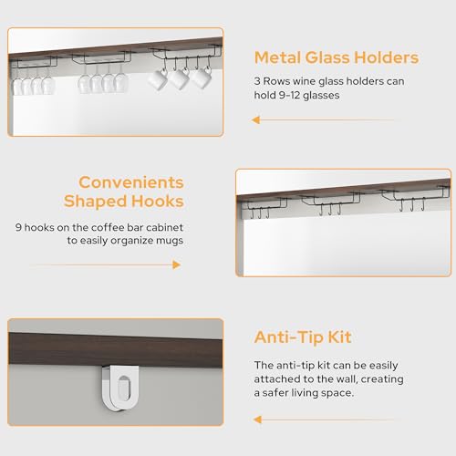 Buffet Sideboard with Storage Hutch with Power Outlets 4 Doors, Large Farmhouse Kitchen Storage Cabinet Wood Coffee Bar Cabinet with Goblet Holder and Cup Hooks for Kitchen, Dining Room, Entryway knoworld