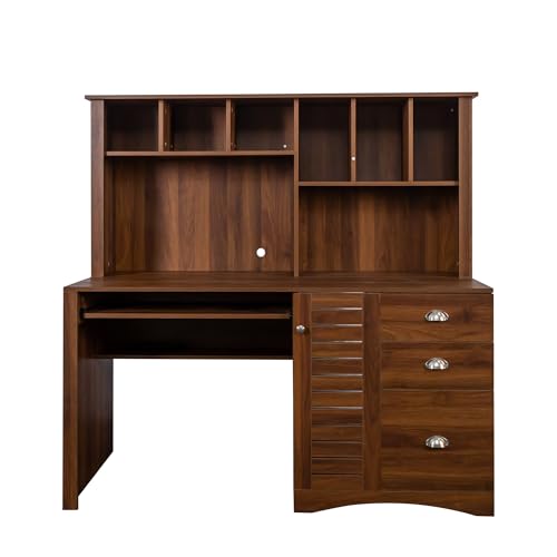 58" Vintage Desk with Hutch, Wood Home Office Executive Desk with Drawer, Printer Stand, Keyboard Tray, File Drawer, Storage Cabinet, Rustic Writing Computer Desk (Walnut, 57.68") HMYFGD