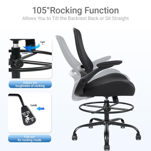 HYLONE Drafting Chair Tall Office Chair with Flip-Up and Adjustable Armrests Ergonomic Computer Chair with Adjustable Footrest Ring Mesh Standing Desk Chair (Black) HYLONE