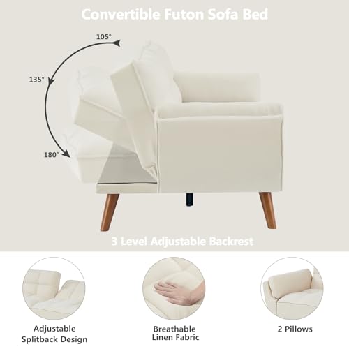 Betoko Convertible Futon Sofa Bed Sleeper Twin Size, Modern Reclining Linen Split Back Sofa Couch with Pillow Top Arm for Compact Living Room,Apartment (Beige) Betoko