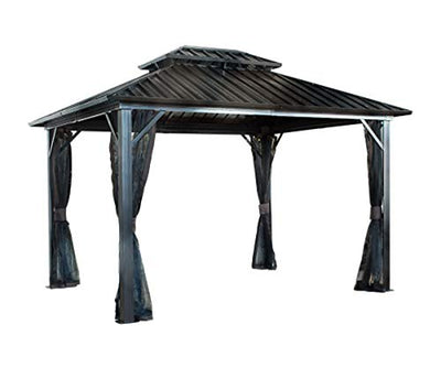 Sojag 12' x 12' Genova II Hardtop Gazebo Outdoor Weather-Resistant Aluminum Frame Shelter with Mosquito Net Black,Brown
