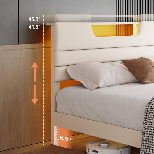 OURPIC Queen Size Bed Frames with Upholstered Headboard, Modern Platform Bed with Charging Station and Led Lights, Bed Frame with Sturdy Wooden Slats/No Box Spring Needed/2-Tier Storage, Beige OURPIC