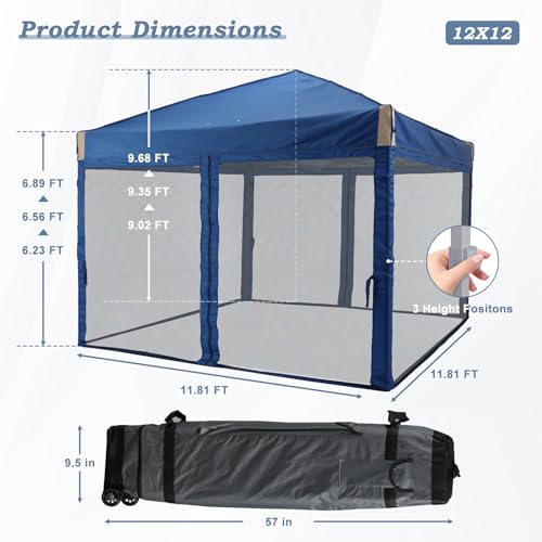 Aoodor 12x12 Ft Pop Up Canopy Tent with Netting, Water-Resistant 210D Oxford Fabric Shade, Easy Assembly Commercial Gazebo with Wheeled Carry Bag & 4 Sand Bags for Camping, Party, Blue Aoodor