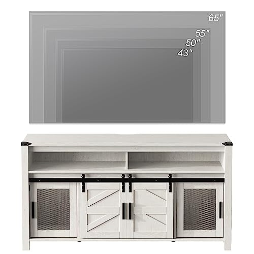 WAMPAT Rustic White Farmhouse Coffee Bar Cabinet with Sliding Barn Doors and Adjustable Storage WAMPAT