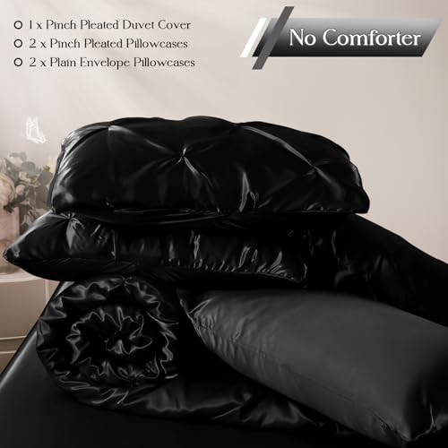 Heywaller 5-Piece Pinch Pleat Duvet Cover Set, Pintuck Duvet Cover Queen Size with Zipper, Black Satin Duvet Cover Shabby Chic Bedding (2 Pillow Shams + 2 Pillowcases), No Comforter Heywaller