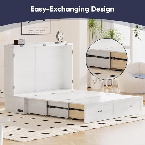 ijuicy Queen Size Murphy Bed with Mattress Included, Farmhouse Murphy Cabinet Bed with Multifunctional Charging Station & Storage Drawers,Space-Saving Hideaway Bed for Guests-Pure White,with Mattress