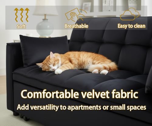 SUNPOKUILN 70" 3-in-1 Velvet Sleeper Sofa Bed, Convertible Pull Out Couch w/Adjustable Back, Armrests & Storage. Modern Black Futon for Living Room, Bedroom, Small Space - 2 Pillows Included Black SUNPOKUILN