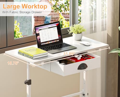 Adjustable Height Standing Desk With Drawer, Rolling Sit Stand Up Desk With Wheels, Small Sit To Stand Computer Desk, Adjustable Desktop Height, On Wheels, White, For Walking Pad Laptop Treadmill Cidaziya