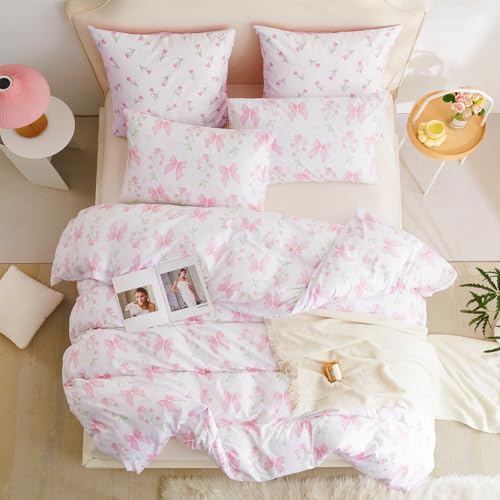 CCoutueChen Duvet Cover Twin 2Pcs Pink Floral Bow Bedding Set for Girls Kids, Romantic Princess Style Bowknot Bedding, Ultra Soft Reversible Garden Flower Duvet Cover Set(1 Pillowcase,No Comforter) CCoutueChen