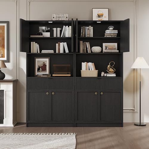 Garvee Tall Kitchen Pantry Cabinet, 70" Pantry Storage Cabinet with Countertop, Fluted Kitchen Hutch Cabinets with Doors and Drawer, Freestanding Cupboard for Dining Room, Living Room, Black Garvee