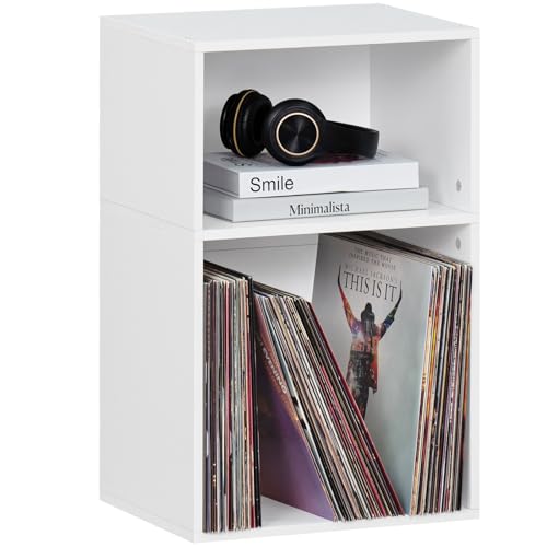 YAHARBO 2 Cube Bookshelf, White Record Player Stand with Vinyl Storage Up to 100 Albums, Horizontal Low Book Shelf, Mini Bookcase with Storage Organizer, Small Turntable Stand for Living Room, Bedroom YAHARBO