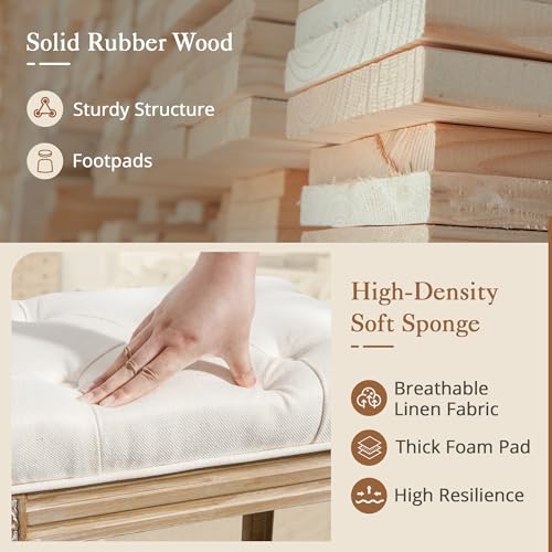 LUE BONA Upholstered Fabric Vanity Bench Seat, Makeup Stools for Vanity, Square Tufted Ottoman Bench with Carved Wood Color Legs for Bedroom Living Room, Beige LUE BONA