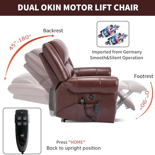 EZZUP Genuine Leather Power Lift Recliner Chair, Lazy Boy Recliner Chair with Charging Ports for Living Room Theater Seating, Electric Single Sofa with Round Armrest, Red