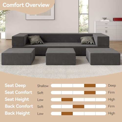 Vivaadecor Floor Sofa Bed, Queen Velvet Folding Sofa Couch with 3 Ottomans, Sleeper Foam Couch with Removable Cover, Futon Convertible Sofa Bed for Living Room/Guest/Play Room/Office/Dorm(Dark Grey) Vivaadecor