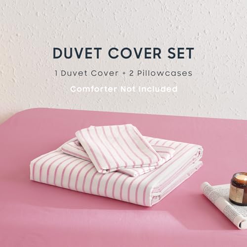 Wake In Cloud - Striped Cotton Duvet Cover Set, Ticking Stripe Vertical Pinstripe Farmhouse, 100% Washed Cotton Textured Percale Bedding Set, 3 Pieces, Pink White, Full Size Wake In Cloud