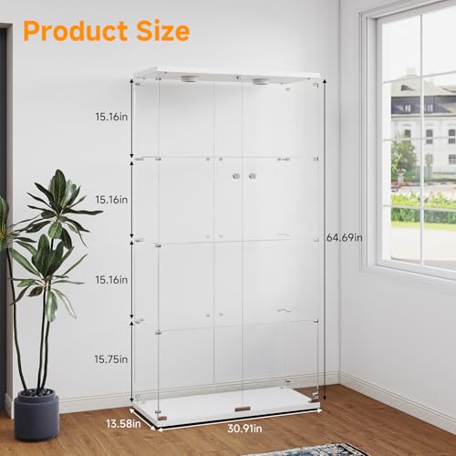 Zevemomo Tempered Glass Display Cabinet with Lights, 4-Tier Curio Cabinet with Glass Doors and Lock, Glass Display Case for Collectibles, for Living Room, Bedroom, Office, White, Double Door Zevemomo