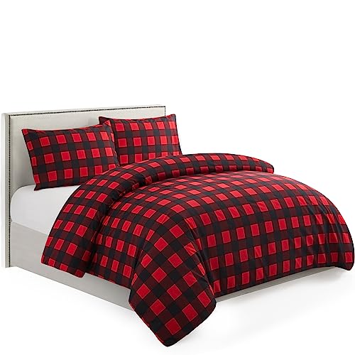 Marina Decoration Soft Silky Rich Printed Rayon from Bamboo All Season 3 Pieces Duvet Cover Fitted Sheet Ensemble Bedding Set with Zipper and Corner Tie, Red Black Plaid Pattern Twin/Single Size Marina Decoration