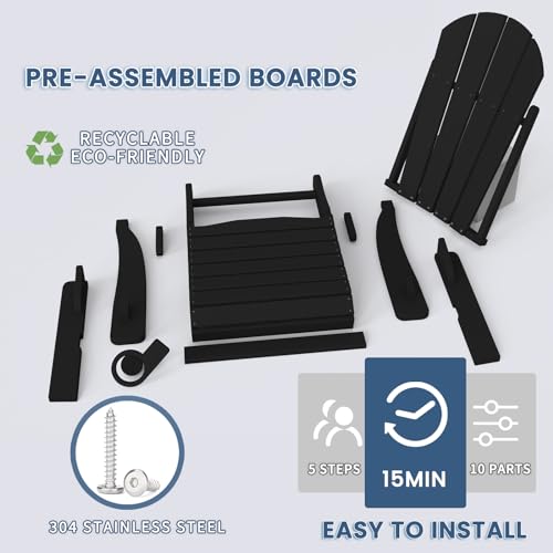 Folding Adirondack Chair with Cup Holder, Poly Lumber Patio Chairs, Wood Texture, Pre-Assembled Weather Resistant Outdoor Chairs for Pool, Deck, Backyard, Garden, Fire Pit Seating, Black POLYDUN