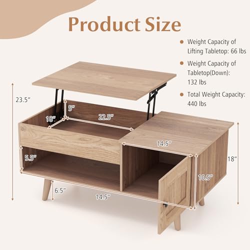 Tangkula Lift Top Coffee Table with Storage, Living Room Table with Hidden Compartment, Cabinet & Open Shelf, Flip Top Center Table, Pull up Coffee Table for Home, Office (Natural) Tangkula