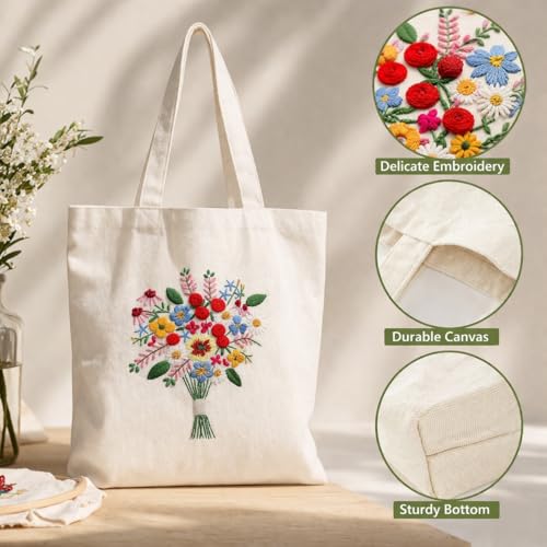 Mordely Flower Bouquet Embroidery Tote Bag Kit for Beginners, DIY Hand Embroidery Starter Set with Canvas Bag, 7.9 Inch Hoop, Colour Threads, 2 Needles and English Instructions