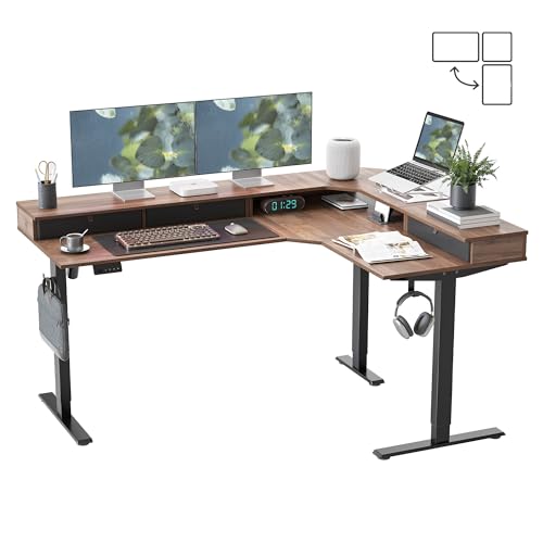 FEZIBO L Shaped Electric Standing Desk, 63x48 inch Large with Drawers | Reversible Tabletop, 2 Memory Height Settings | Home Office & Gaming Height-Adjustable Table, Black Walnut(2 Packages) FEZIBO