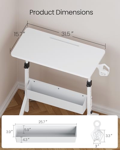 ErGear Mobile Standing Desk with Wheels, Adjustable Height 28.3″ to 46.3″, Rolling Laptop Cart with Cup Holder, Storage Basket, Computer & Pen Slot, Home Office Stand Up Desk, White (31.5″ x 15.75″) ErGear