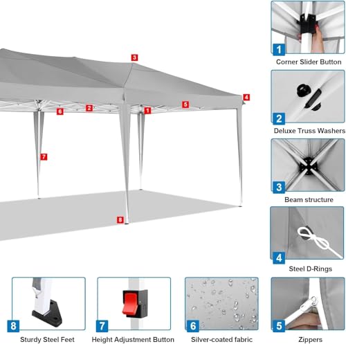 COBIZI 10x20 Pop Up Canopy Tent with 6 Sidewalls Party Tents Waterproof UPF 50+ Commercial Instant Outdoor Events Tent for Parties Markets Backyard, Ropes(10 x 20 ft Gray COBIZI