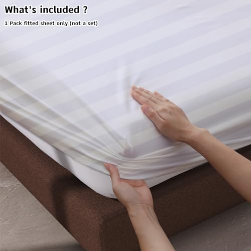 100% Egyptian Cotton Fitted Sheet King Size, 600 Thread Count, Single Fitted Sheet Only,16" Deep Pocket Sheet, Soft & Elastic Sateen Weave Bottom Sheet for Hotel & Home (White-Stripe, King) Zaizaihome