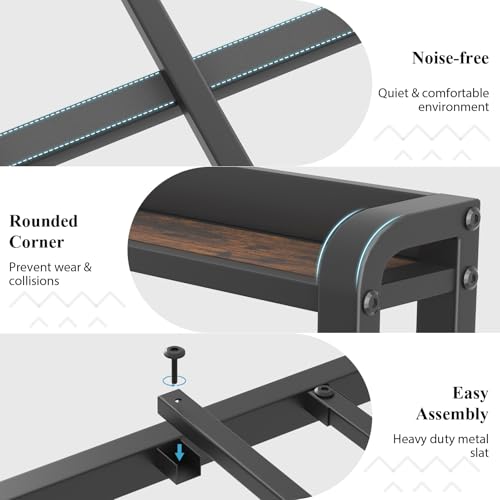 King Size Bed Frame with Star Projector & Charging Station, PU Leather Upholstered Platform with 2-Tier Storage Headboard & Storage Ottoman, Metal Support, Noise-Free, No Box Spring Needed, Black E-Motie