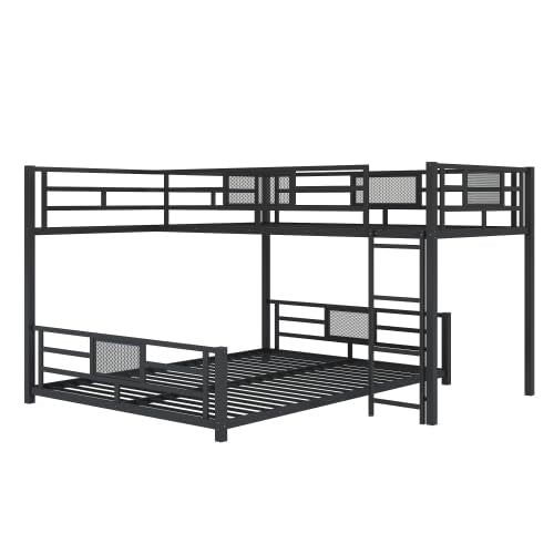 MERITLINE L-Shaped Metal Bunk Bed with Guardrails, Twin Over Full Bunk Bed Frame for Teens, Black MERITLINE