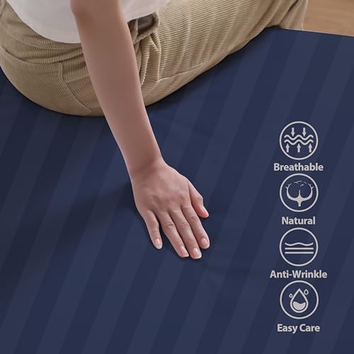 100% Egyptian Cotton Fitted Sheet Twin Size, 600 Thread Count, Single Fitted Sheet Only,8”-16" Deep Pocket Sheet, Soft & Elastic Sateen Weave Bottom Sheet for Home(Navy Blue-Stripe, Twin) Zaizaihome