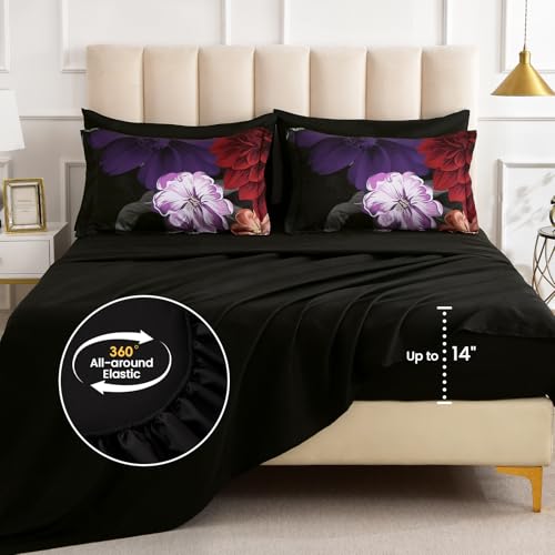 WONGS BEDDING Black Comforter Set King Size, 7 Pieces Floral Bed in a Bag Set, Luxury Red Flower Bedding Set, Soft Microfiber for All Season with Pillowcases & Shams,Sheets(90"×104") WONGS BEDDING