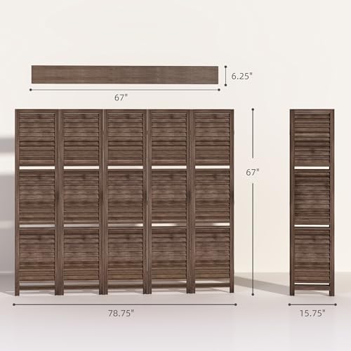 HOMCOM Room Divider, 5 Panel 67" Tall Wood Privacy Screen with 3 Display Shelves, and Folding Storage for Bedroom or Home Office, Walnut HOMCOM