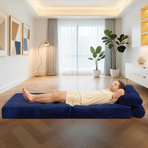 HABUTWAY Folding Sofa Bed, Convertible Sleeper Chair Bed w/Dual-Pillow & Handle, Foldable Floor Sofa Lounge w/Back Support for Living Room, Bedroom, Apartment, Office, Single, Navy Blue HABUTWAY