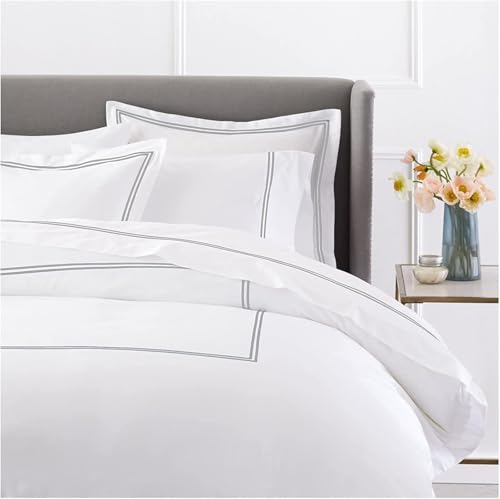 BedDecor Luxury Soft Brushed 400-Thread-Count Egyptian Cotton Embroidered Duvet Cover Set with Beautiful 2-Stripe Embroidery - - Twin/Twin-XL - White/Silver Grey BedDecor