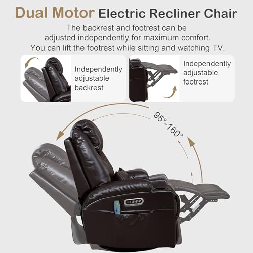 IBTKIG Power Swivel Rocker Recliner with Dual Motor, 240° Electric Glider Recliner with Heat & Massage, Rocking Chair Theater Seating with LED/Lumbar Pillow/USB Port/Cup Holders(Faux Leather Brown, 1)