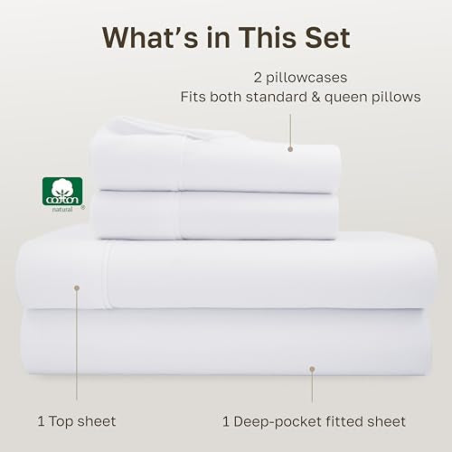 California Design Den Natural 100% Cotton Sheets Queen Size Bed Set - Soft 400 Thread Count Sateen, Queen Sheets, Deep Pockets with All Around Elastic for a Snug Fit, Durable Bedding - White California Design Den