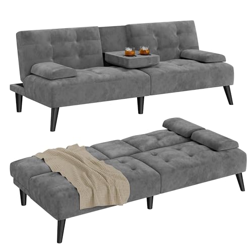 Shintenchi Futon Sofa Bed, Velvet Foldable Couch Reclining Sleeper w/Removable Armrests, Upholstered Loveseat w/Folding Cup Holders for Home, Office, Dark Gray Shintenchi