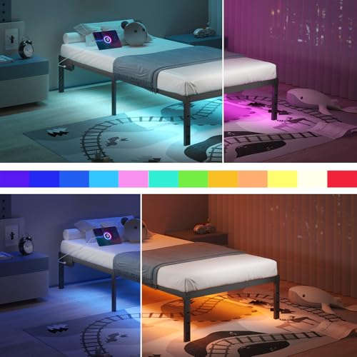 HAVONIZD Twin Size Bed Frame with LED Lights & Charging Station - 18 Inch Heavy Duty Metal Platform Bed Frame No Box Spring Needed, Easy Assembly, No Noise HAVONIZD
