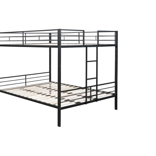 PVWIIK Queen Over Queen Metal Bunk Bed with Built-in Stairs & Convertible 2 Beds,Heavy Duty Bunk Bed w/Ladder & Safety Guardrail,Space Saving Design, No Box Spring Needed, Black PVWIIK