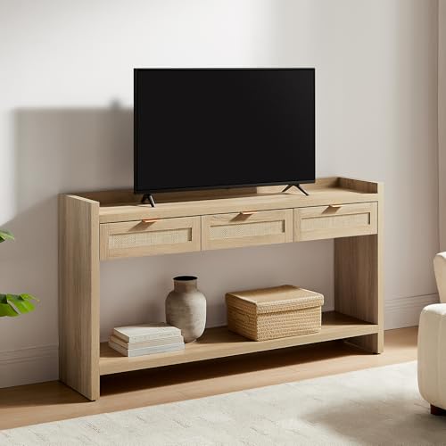 SICOTAS Rattan Console Table for Entryway - Large Boho TV Console Table Entry Table with 3 Storage Drawers, 60" Long Sofa Table Behind Couch for Living Room, Hallway, Foyer SICOTAS