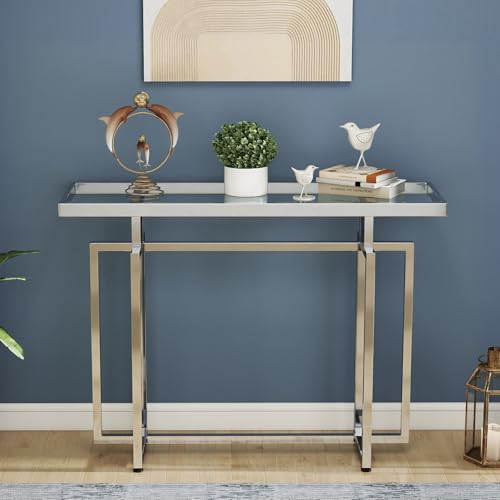 ASYA Glass Console Table for Entryway, Modern Entryway Table with Tempered Glass & Chrome Frame, Silver Sofa Table for Living Room Hallway ASYA