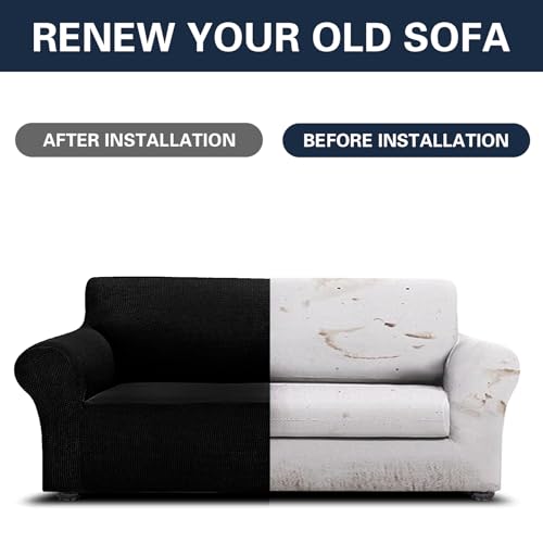 Cupuamon 2026 New Stretch Sofa Slipcovers Couch Cover for 3 Cushion Furniture Protector Sofa Covers with Elastic Bottom Jacquard Fabric Small Checks for Pets, Kids -Sofa, Black Cupuamon