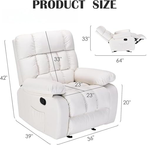 Trygoal Oversized Recliner Chair, Leather Recliner Adjustable with Side Pockets, Living Room Reclining Lounge Chair for Adults, Small Spaces Comfy Sofa with Theater Seating for Bedroom, Movie,White