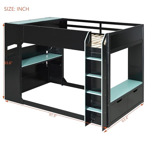 Tdewlye Unique Full Size Wood Gaming Loft Bed with Height-Adjustable Desk,Drawers,Storage Compartments,Hanging Rod and RGB Lights,for Kids Teens Adults Bedroom Use (Blue#RGB, Full) Tdewlye