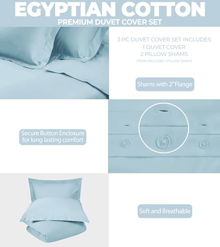 Superior Combed Cotton, 300 Thread Count 3 Piece Duvet Cover Set with 2 Pillow Shams, Single Ply Cotton, Soft and Luxurious Bedding Sets - Full/Queen Duvet Cover, Light Blue Superior